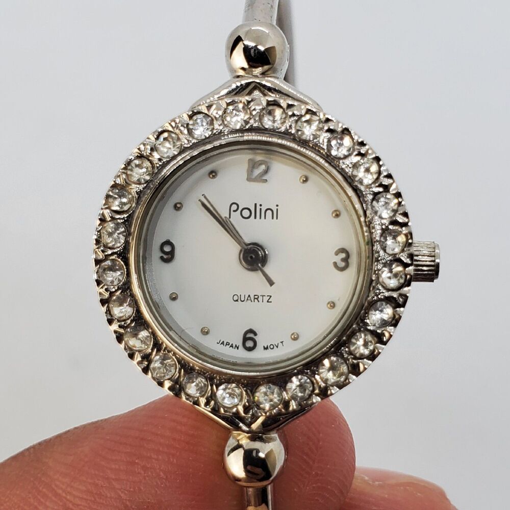Polini Women's Cuff Watch White Dial Crystal Bezel Gray Bands 6"‎ New Battery